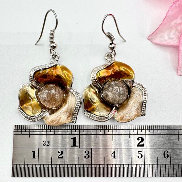 Gaudi Signed Floral Dangle Earrings Silver Tone Earthy Hues Fall Colors Enamel - Picture 7 of 9